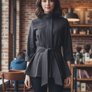 TALIE Bodice FITTING💝Charcoal Gray JACKET with FULL FRONT ZIP&Attached Belt SzM